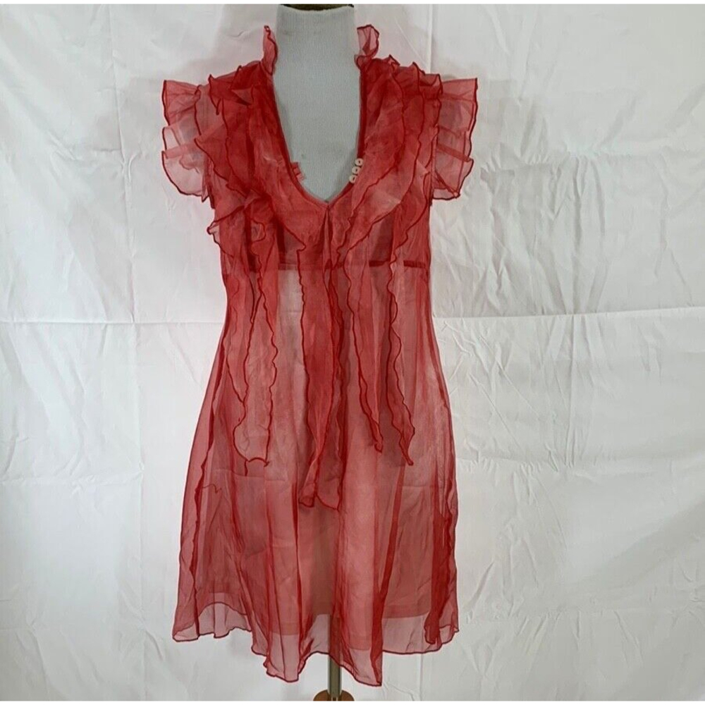 Romantic Party Dress Women's Small Sheer Shell lined Burnout Red  Ruffle Placket